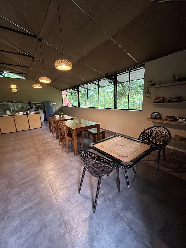 Dining hall with pendant lights