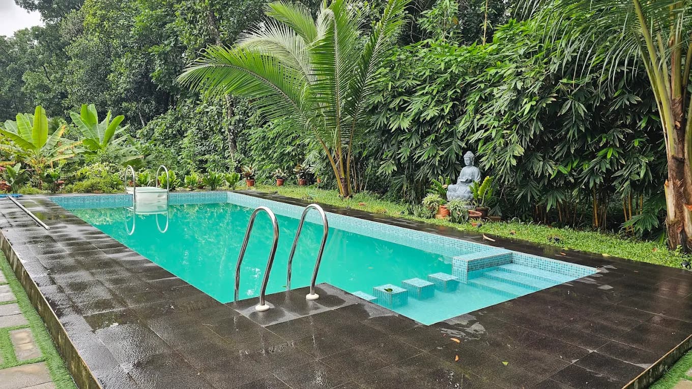 Pool with Buddha statue and palms